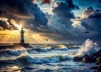 Fototapeta premium Captivating Silhouette Photography of Stormy Weather at the North Sea Coast – Dramatic Skies, Roaring Waves, and Eerie Landscapes