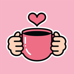 Hands Holding a Pink Cup with Heart Illustration