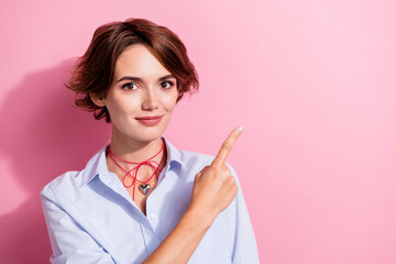 Photo of impressed woman with accessories on neck dressed blue shirt staring at unbelievable sale...
