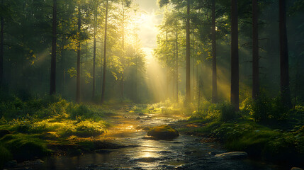 Fototapeta premium A breathtaking photography of a lush forest scene, showcasing diverse wildlife among towering trees, with sunlight filtering through the canopy, emphasizing the beauty and importance of nature.