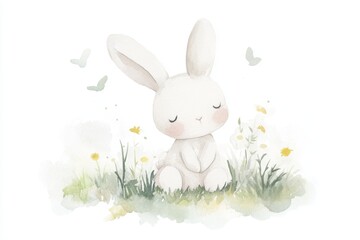 Gentle Watercolor Bunny in a Serene Spring Meadow. Watercolor Nursery Art.
