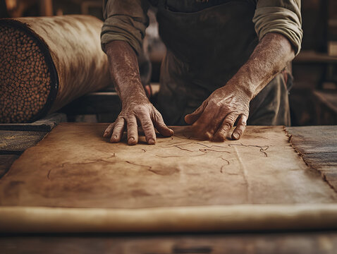Close up of worker's hands cutting leather