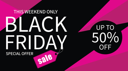 Black friday sale pink banner layout design. Vector sale banner 50 off.