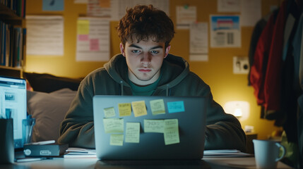 Gen Z man in college dorm budgeting on laptop
