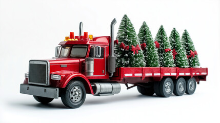A red toy semi-truck carrying a load of Christmas trees.