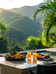 Obraz premium Perspective from a modern villa€s patio at midday, table in front with two glasses of freshly squeezed juice