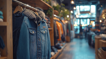 busy wholesale clothing outlet with racks of stylish jackets and apparel, showcasing vibrant shopping atmosphere filled with various clothing options