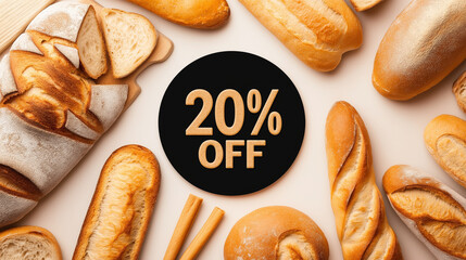 Assortment of breads with 20% off sign for a bakery sale.