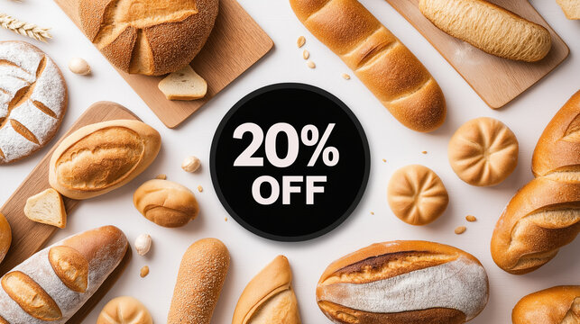 Assortment of fresh baked bread with a 20% off sign.