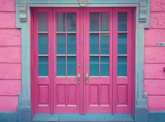 Obraz premium Overhead shot of magenta double doors with clear panels, perfect for real estate marketing.