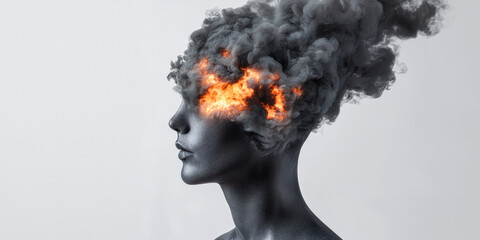 A surreal image of a figure with a textured, smoky head, where fire emerges, symbolizing intense thoughts or emotions.