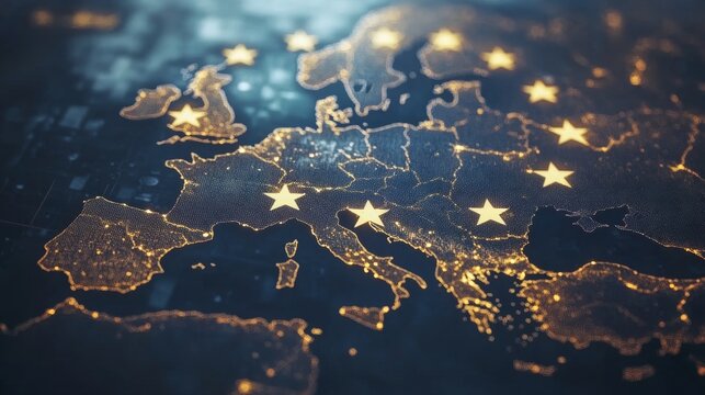 Europe Map Illuminated Night Lights Digital Stars EU