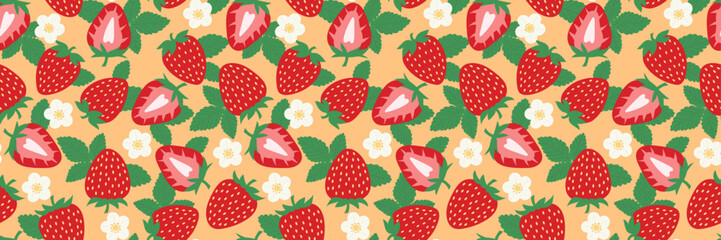 Cute strawberry vector pattern banner, seamless repeating horizontal cover background, summer fruit vintage cartoon wallpaper illustration