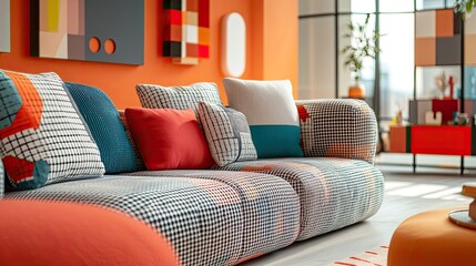 Modern living room with orange walls, colorful patterned sofa, and geometric art.