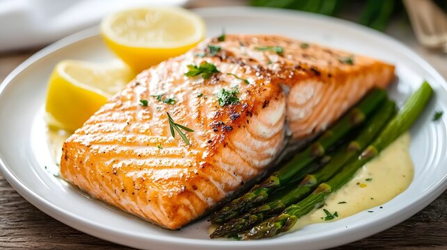 Elegant plating of gourmet salmon fillet with asparagus and mashed potatoes in cozy restaurant setting, creating warm and inviting dining atmosphere.
