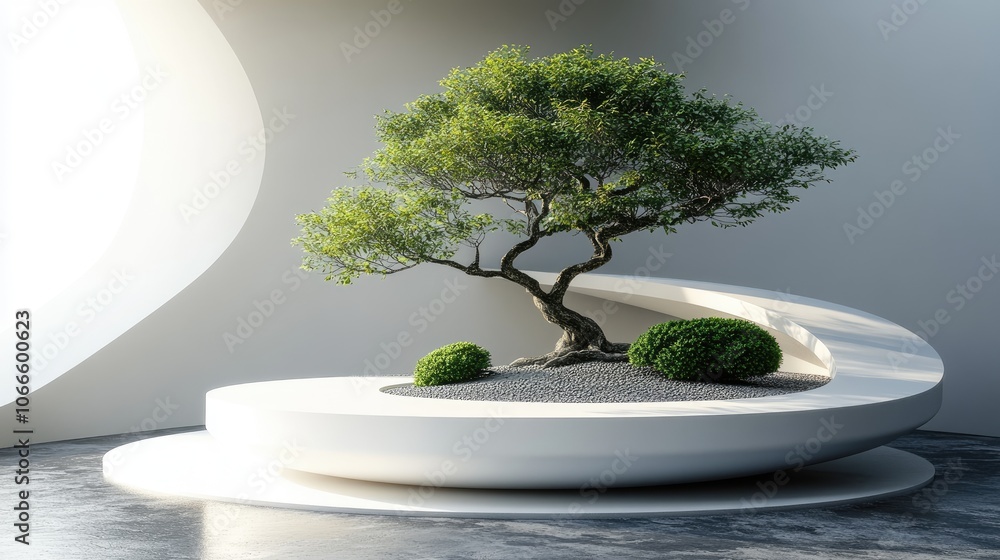 Poster a bonsai tree in a modern minimalist setting, with a curved white platform and a single window, illu