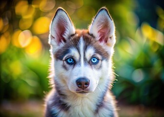 Blue-eyed husky puppy, outdoor macro portrait.