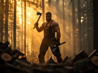 Obraz premium Lumberjack portrait in a dense forest, holding an axe with one hand, wearing protective gear