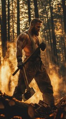 Naklejka premium Lumberjack in a dense forest, holding an axe with one hand, wearing protective gear