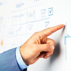 Hand pointing at development stages on whiteboard in workshop