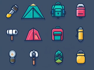 Comprehensive icon set featuring essential camping gear tent backpack and flashlight essentials for outdoor adventures