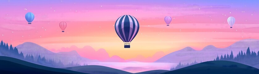 Obraz premium A serene hot air balloon ride over a picturesque landscape at sunrise, with colorful balloons dotting the sky