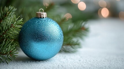 A single blue Christmas ornament with a frosted finish rests on a snowy surface next to a pine branch with blurred lights in the background.