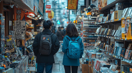 Fototapeta premium Exploring bustling electronics store, two customers browse through various products, surrounded by shelves filled with gadgets and accessories
