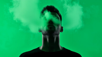 A silhouette of a man exhaling green smoke against a vibrant green background, creating a striking and mysterious visual effect.