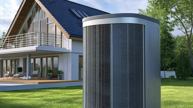 A modern heat pump sits in front of a house with a large window
