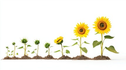 Sunflower plant illustrated through different growth stages highlighting its lifecycle from seedling to full bloom set against a white background