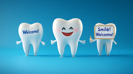 Happy teeth welcoming you with smiles, perfect for dental clinic, oral health, and kids' dental care visuals. Tooth mascot images for dentist promotions, advertising, and websites.