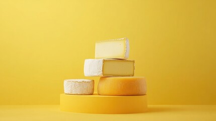 Variety of gourmet cheeses arranged in a minimalist style displayed on a podium against a vibrant yellow backdrop