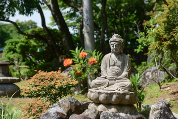 Greeting card with ancient statue great Buddha on holiday composition