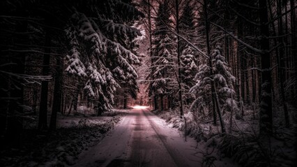 Fototapeta premium Snowy forest path illuminated by soft, warm lights.