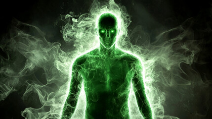 A glowing green figure surrounded by ethereal wisps, suggesting themes of energy, transformation, and mystique.