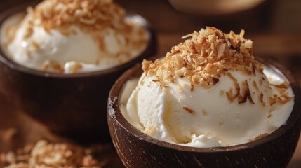 Tapioca ice cream topped with cream and toasted coconut