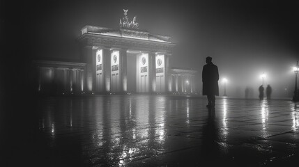 A solitary figure stands before the Brandenburg Gate in a foggy Berlin night, illuminated by streetlights.