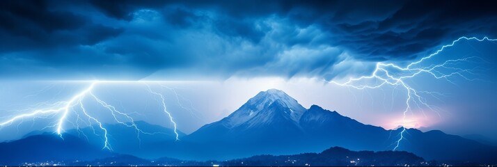 Lightning strikes illuminate a mountain landscape during a thunderstorm at night