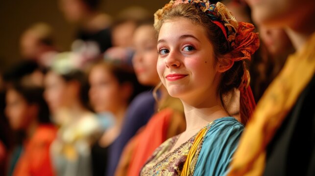 Student performers in costume during a school theater production