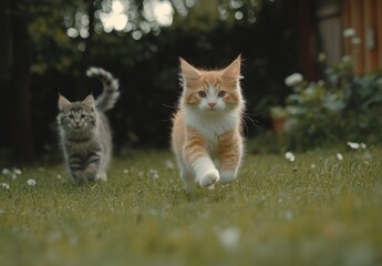 Naklejka premium The two cats run across a meadow on a sunny, warm day in May
