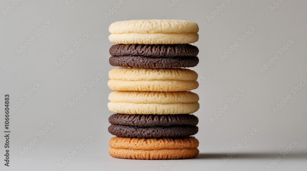 Poster three distinct varieties of cookies are arranged in a stacked formation