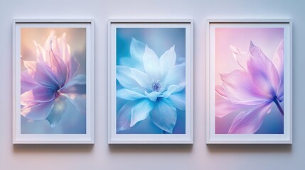 Three framed images illuminated with soft shades of light blue and purple