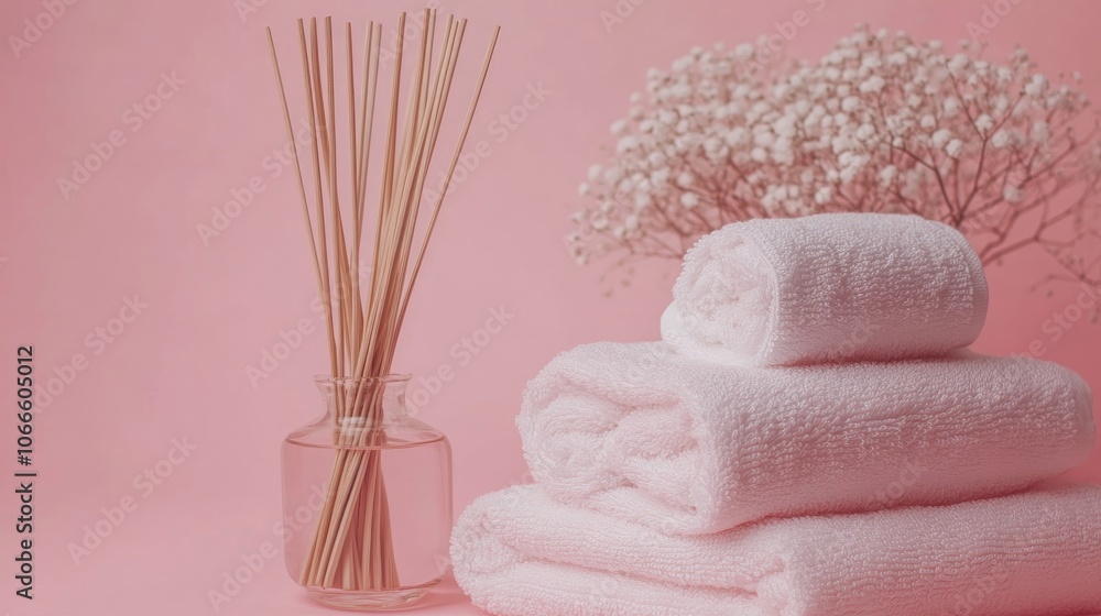 Aufkleber towels potpourri and scented sticks on a pink backdrop creating a serene ambiance suitable for welln