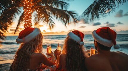 Tropical Christmas beach party with friends, dressed in summer outfits with Santa hats, ocean waves