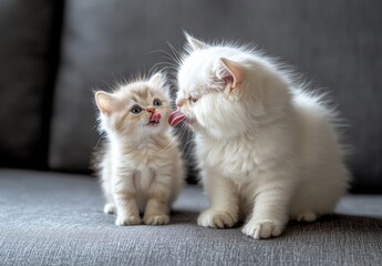 Fototapeta premium There are two white cats on a blanket, one licking its lips while the other looks on