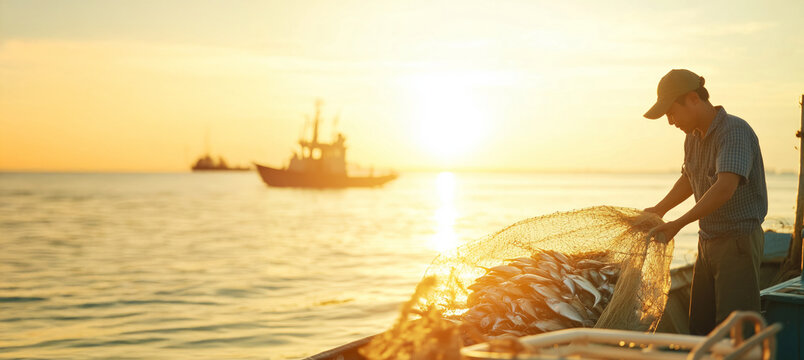 A fisherman pulls a net filled with fish as the sun sets, casting a warm glow over the peaceful harbor and water.