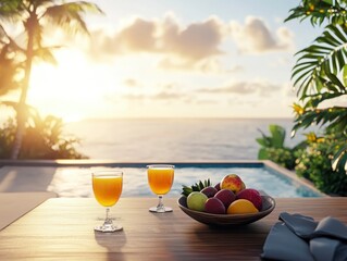 Obraz premium First-person view from a luxurious villa terrace in the morning light, table in the foreground