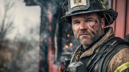 Obraz premium Firefighter in full gear, standing in front of a smoldering building