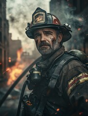 Obraz premium Firefighter in full gear, standing in front of a smoldering building